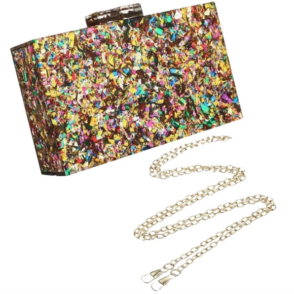 Abstract Glitter Hard Acrylic Clutch Bag Confetti Box Purse Gold Multi Crossbody